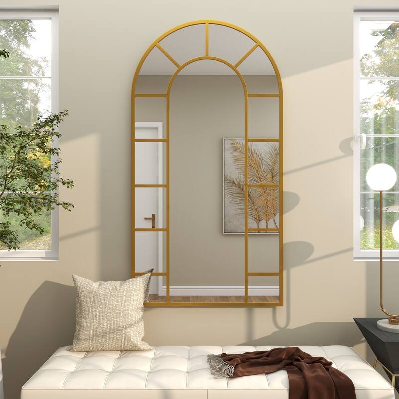 Black or Gold Metal Window Pane Inspired Room Wall Mirror with Arched Top