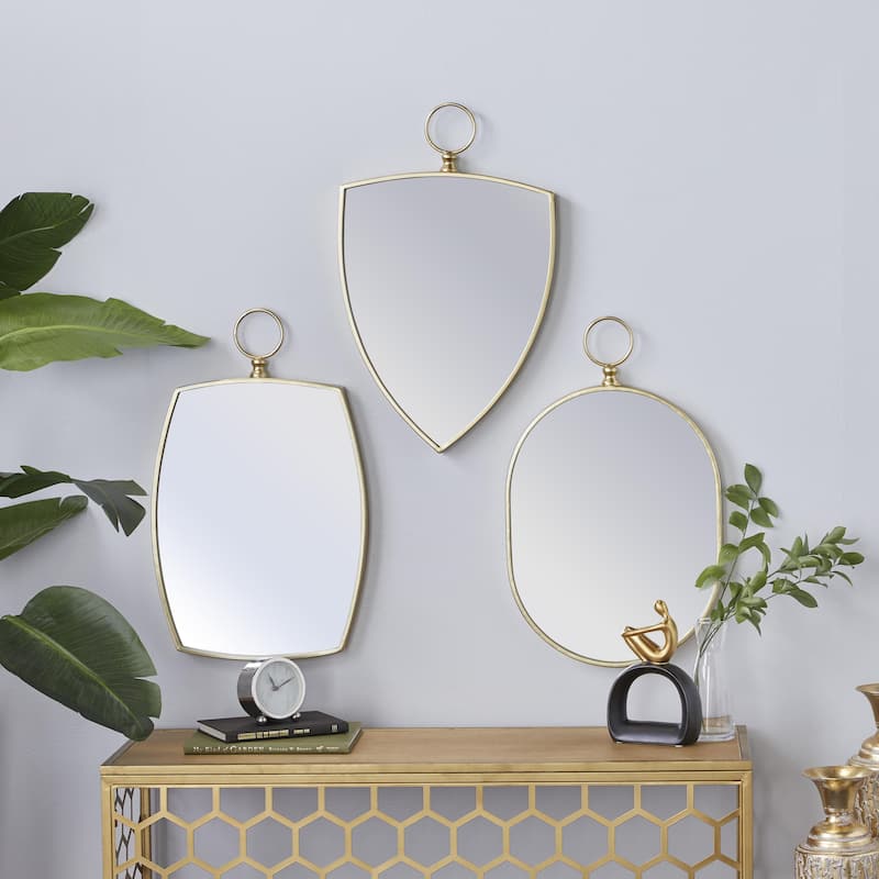Wooden Handmade Varying Shapes Wall Mirror with Ring Top - Set of 3 Gold - Roche River Decor