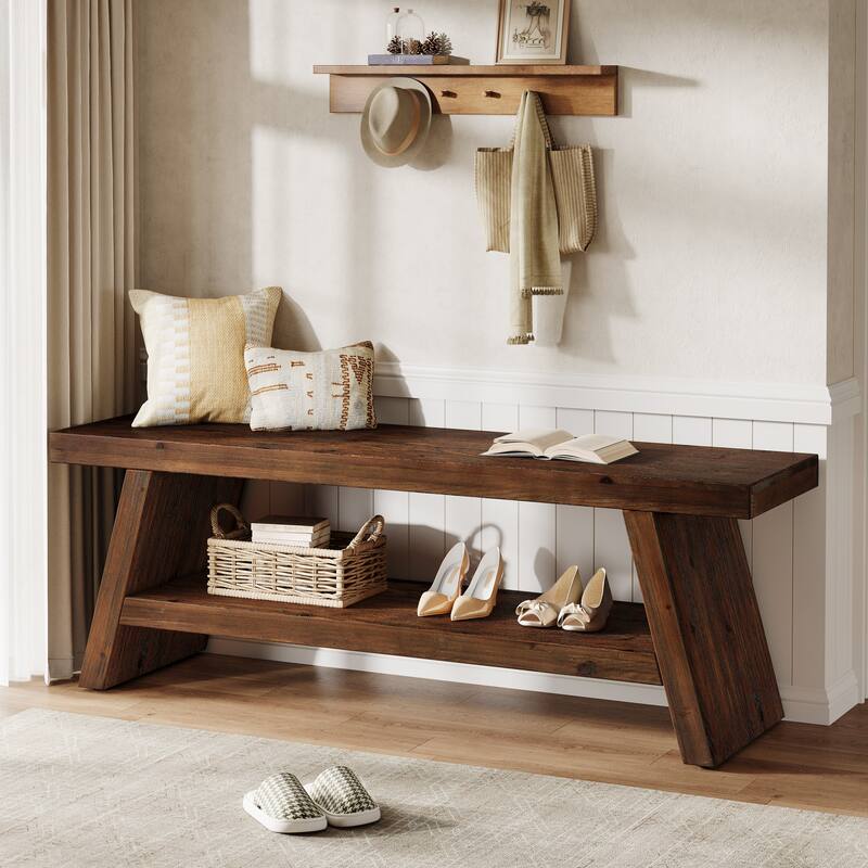 Solid Wood Entryway Bench, 2-Tier Shoe Bench with Open Shelves