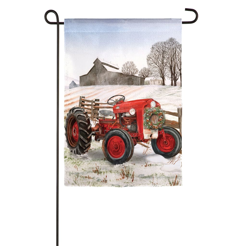 Winter Red Tractor Garden Suede Flag