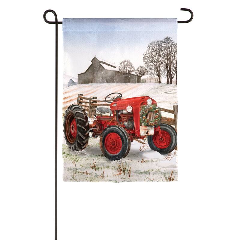 Winter Red Tractor Garden Suede Flag