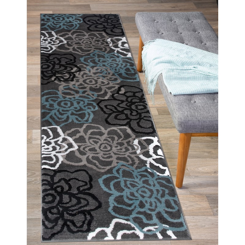 World Rug Gallery Contemporary Modern Floral Flowers Area Rug - 2' x 10' Runner - Dark Grey