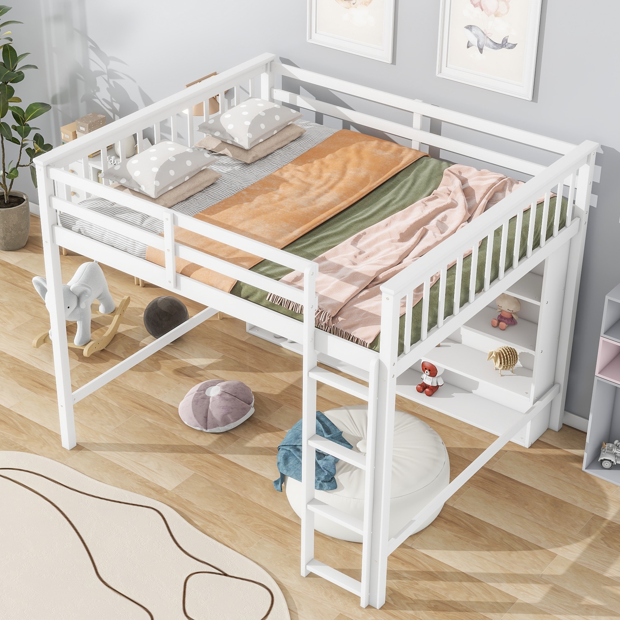 Full Size Loft Bed with 8 Open Storage Shelves and Built-in Ladder Creative Storage Bed Frame for Kids Teens Adults