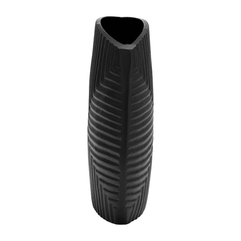 10" Ribbed Metal Vase Contemporary Black Aluminum Decorative Table Vase For Home, Office, Outdoor Decor Accents -