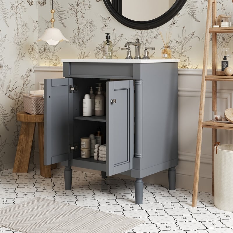 24" Bathroom Vanity with Top Sink, Large Storage Shelves