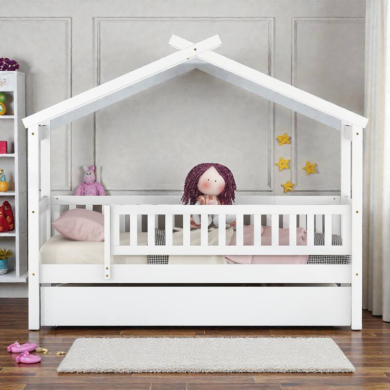 Twin/Full Wooden House Bed with Twin Trundle, Kids Platform Bed Frame with Roof Design, Solid Pine Wood