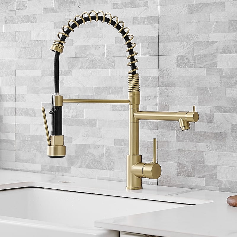 Brushed Gold Kitchen Faucet with Pull-Down Sprayer - Spout Height : 3.62"Spout Reach : 9.25"