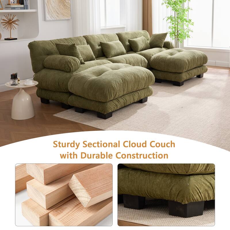 GALDWIN Velvet Upholstered 3-Seater Comfy U-shaped Cloud Tufted Free Combined Sectional Sofa with 2 Ottomans