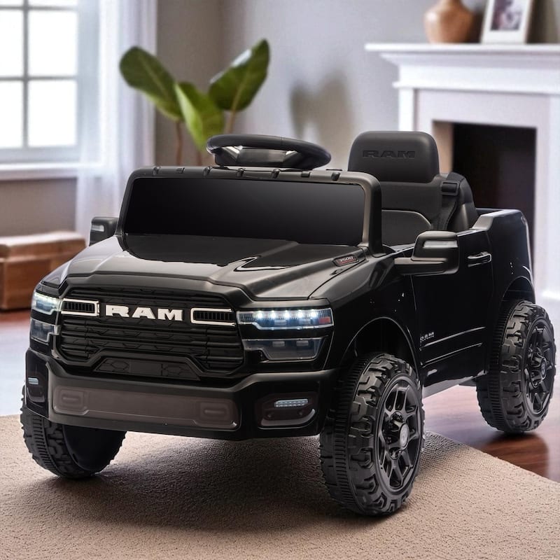 Licensed Dodge RAM 3500 12V Kids Ride On Truck with Remote Control, Dual Motors, Suspension, LED Lights & Music Player - Black