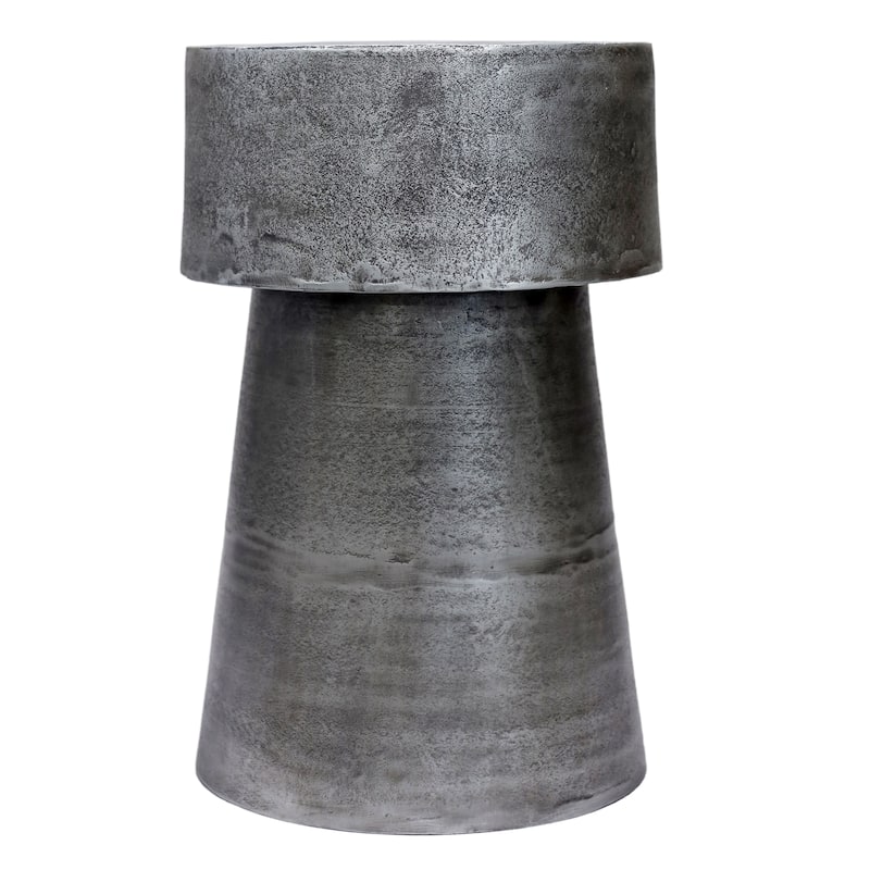 Vintage Accent Side Table, 15.5 Inch Round, Antique Silver Cast Aluminum Drum Base