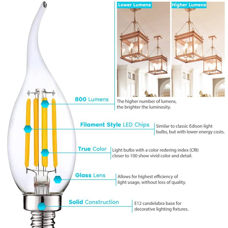 Luxrite Candelabra LED Light Bulbs 100W Equivalent 800 Lumens 7W CA11 Dimmable Damp Rated UL Listed E12 6 Pack