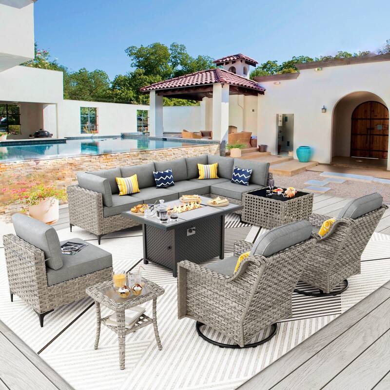 XIZZI 11-piece Patio Rattan Wicker Furniture Set with Fire Pit Table - Dark Grey