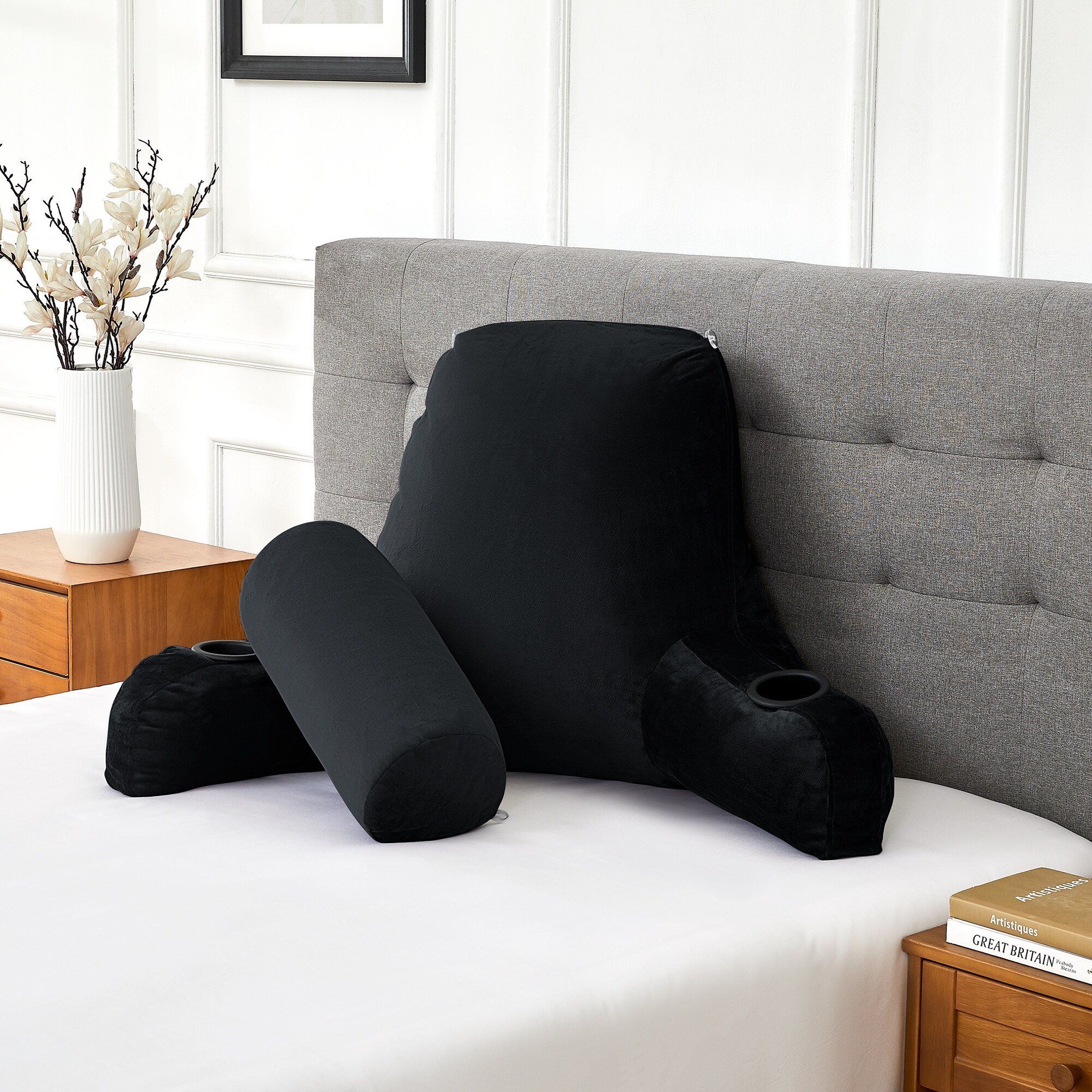 Sweet Home Collection Bed Rest Pillow w Cup Holders Navy