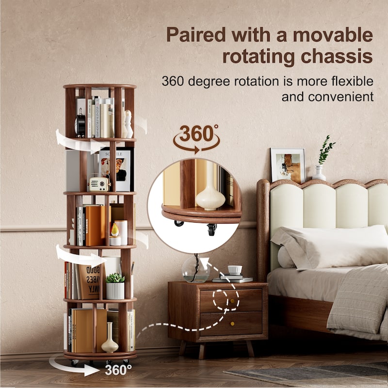 100%Solid Wood Rotating Bookshelf on Wheels,5 Tier, Round Revolving Bookcase, 360°Spinning Book Shelf Tower, Narrow Bookshelves