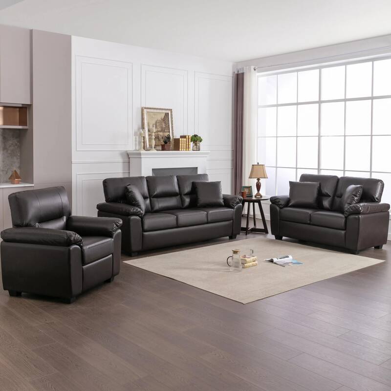 Upholstered Living Room Set, 4 Pieces - Faux Leather Chair, Loveseat, Sofa with Ottoman