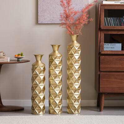 Metal decorative vase High Distress Metal center vase with 3D triangle pattern, set of 3 vases for home decoration