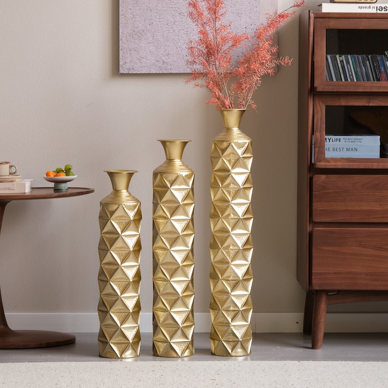 Set of 3 Home Decoration Metal High Distress Vases with 3D Triangle Pattern (33.5"/29.5"/25.2" H)
