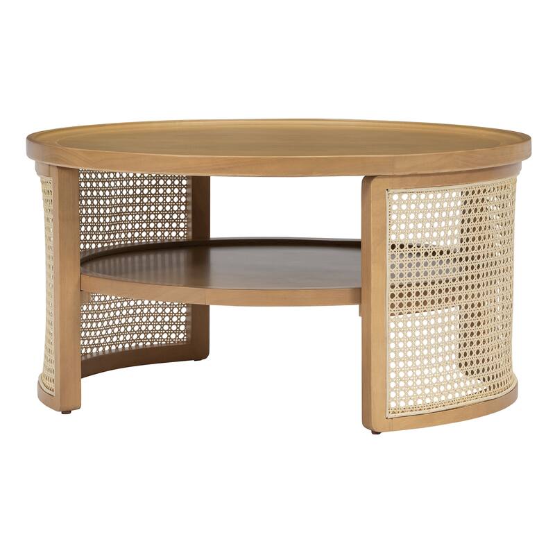 2-Tiered Round Wood Coffee Table with Storage Rattan Base in 31.3''