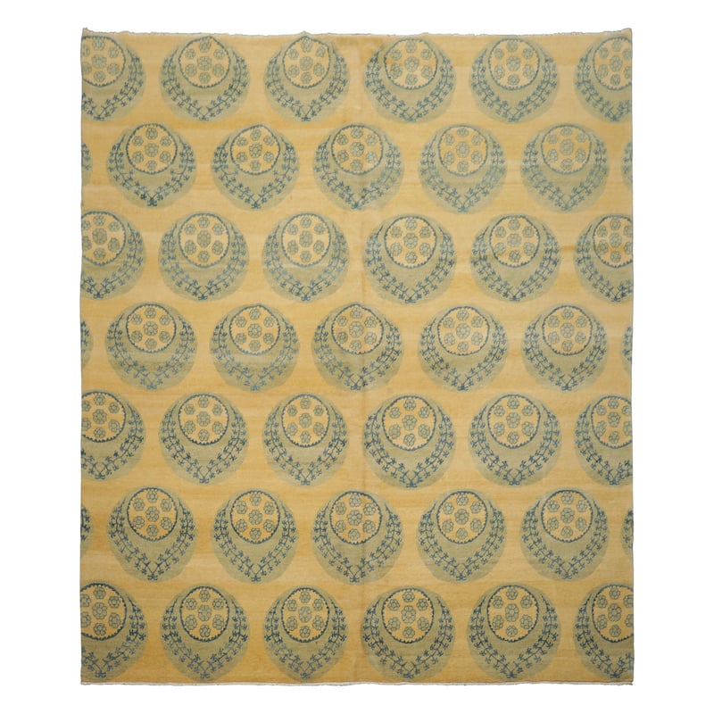 Tibetan Transitional Floral 8x9'4'' Hand Knotted Wool Light Gold Rug - 8' x 9' 4'' - 8'  x 9' 4''