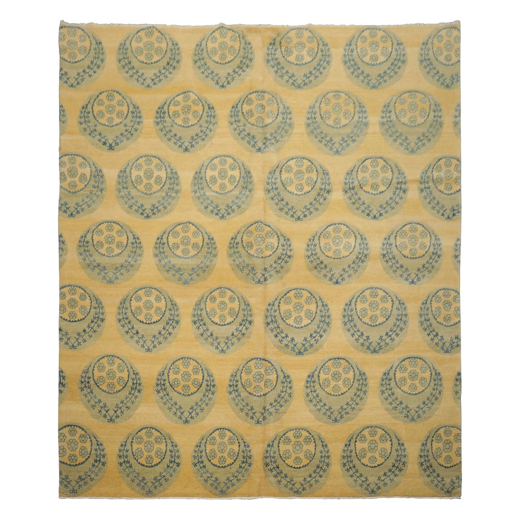 Tibetan Transitional Floral 8x9'4'' Hand Knotted Wool Light Gold Rug - 8' x 9' 4''