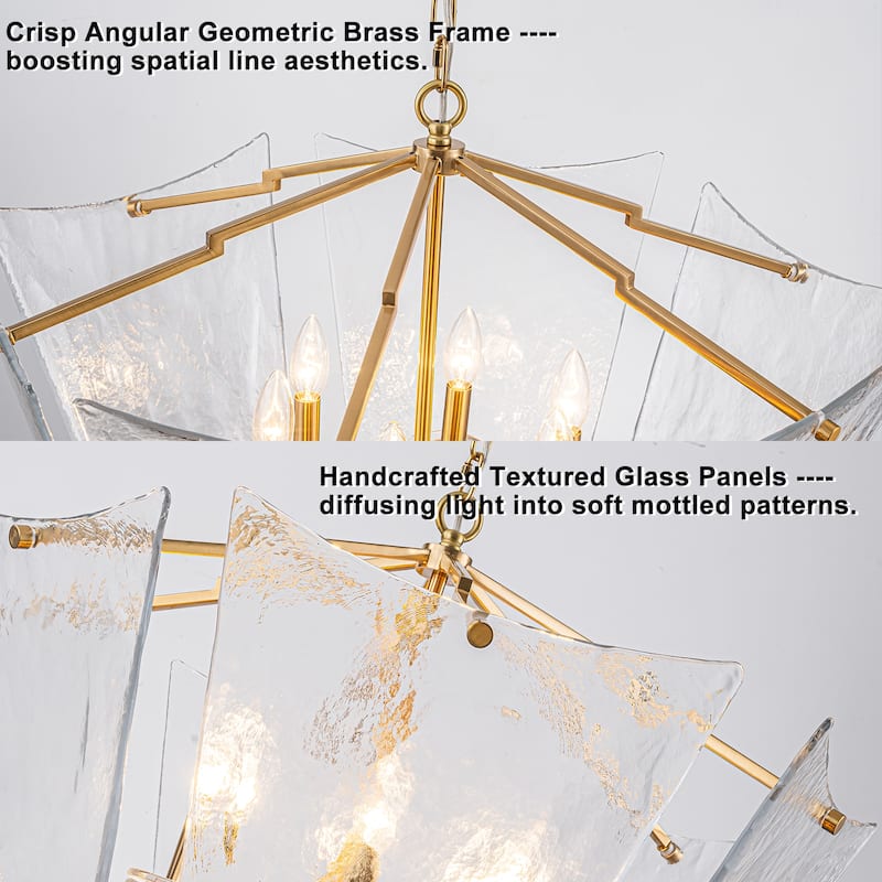 6-Light Gold Geometric Chandelier with Textured Clear Glass Panels - Dia.26.77-in