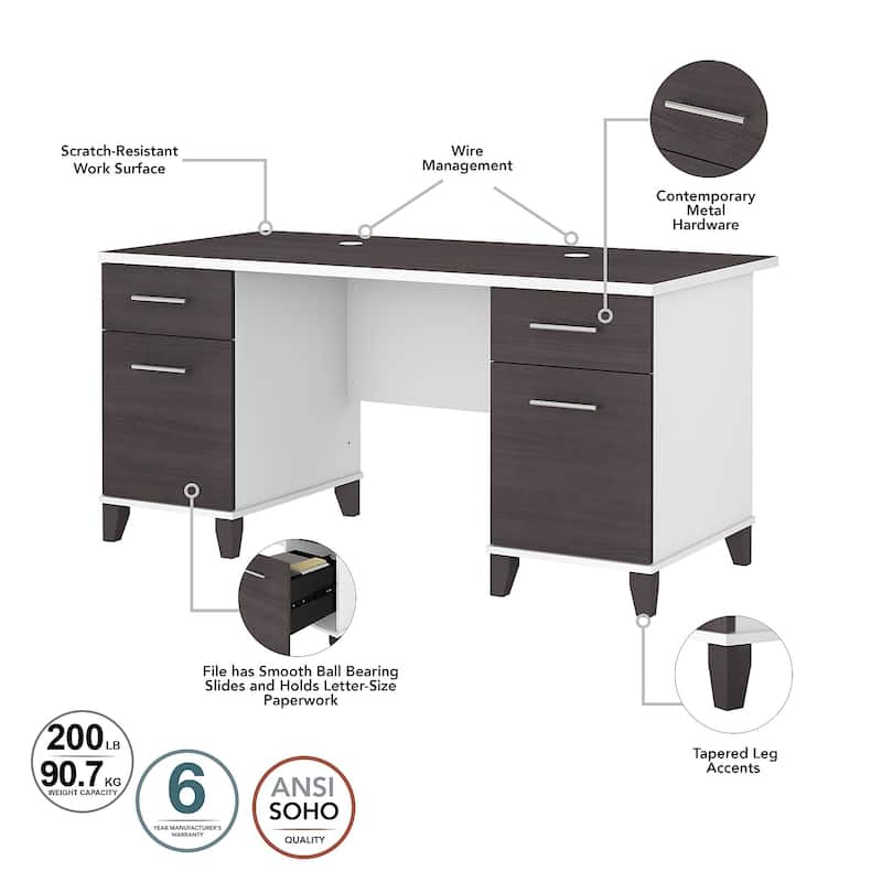 Somerset 60W Office Desk with Cabinet and 5 Shelf Bookcase