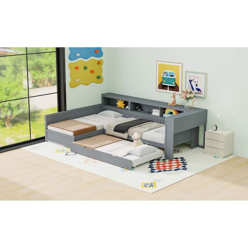 L-Shaped Wooden Twin Bed With Pull-Out Trundle & Built-In Storage Drawer‌