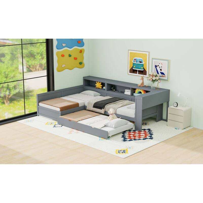 Wood Twin Size L-shaped Platform Bed with Trundle and a Drawer