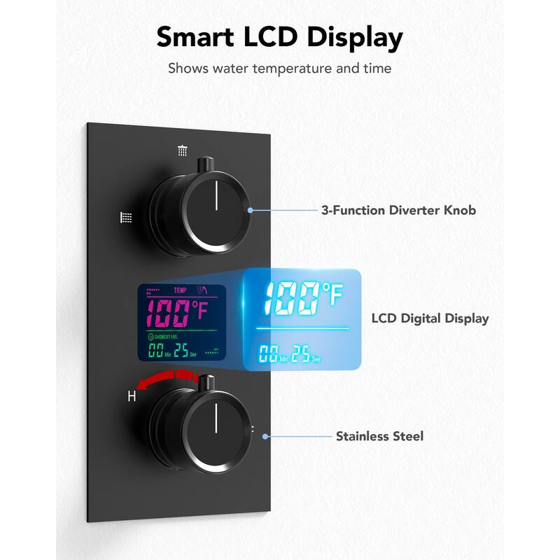 LCD Temperature Display 12" High-Pressure Shower System With Pressure Balancing Diverter Valve - 12-Inch
