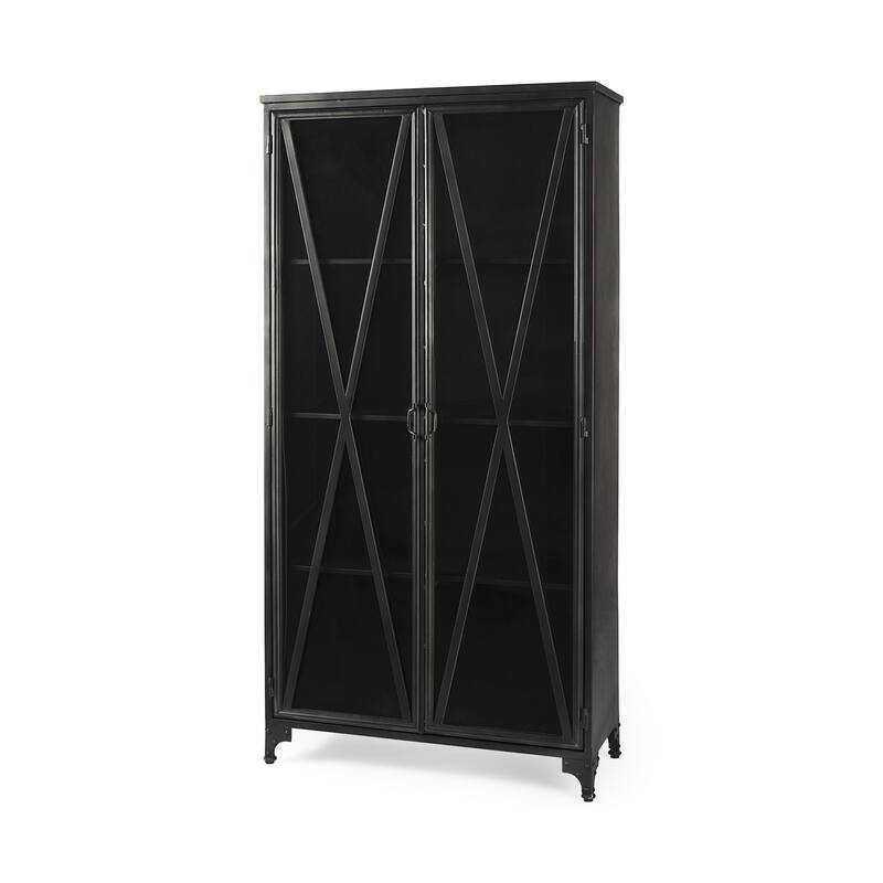HomeRoots 38" Black Glass and Metal Display Cabinet With Two Doors