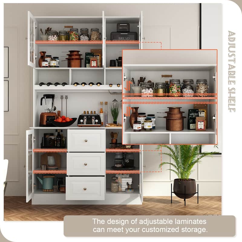 78.9''Pantry Buffet White Buffet with Wine Glass Rack Drawer and Hutch