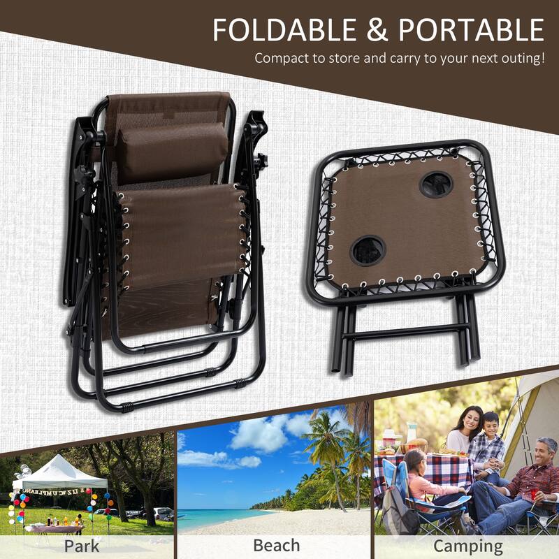 Outdoor Zero Gravity Chairs with Side Table, Set of 2 Folding Reclining Chairs with Cupholders & Pillows
