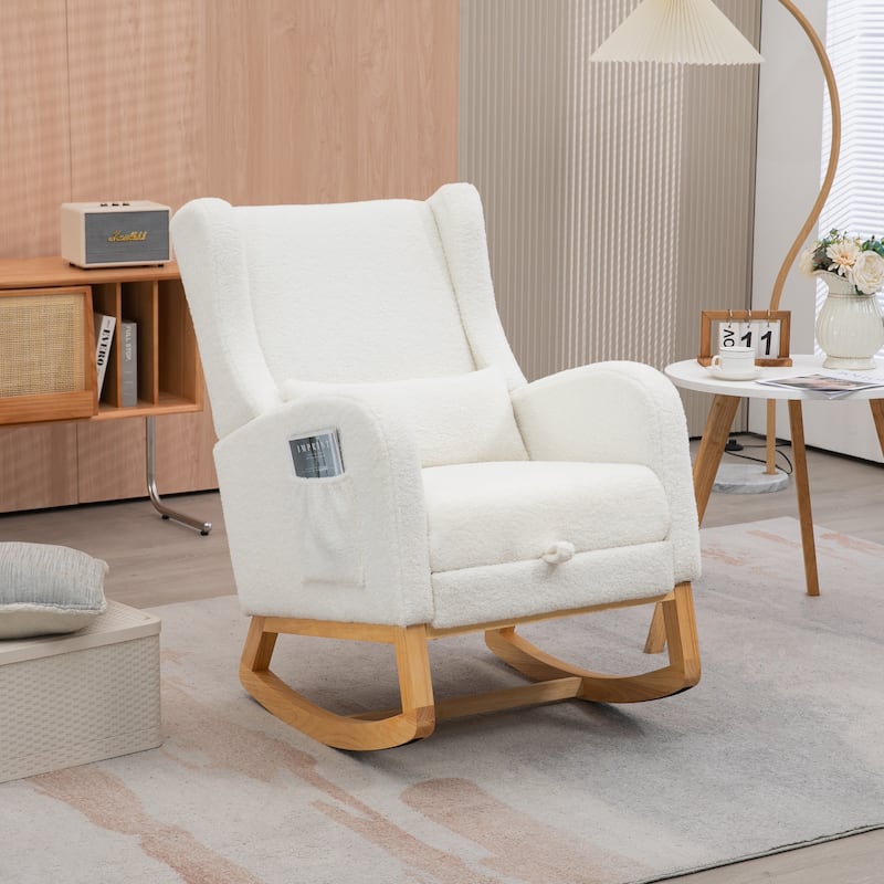 High back Upholstered Accent Rocking Chair Nursery Chair With Retractable Footrest - Ivory