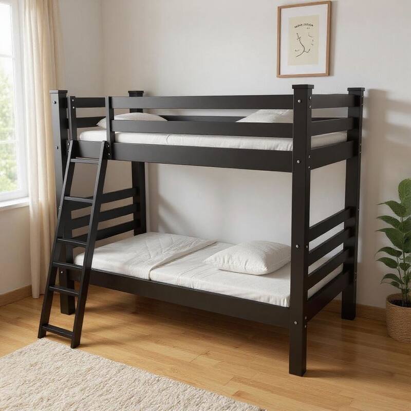 HomeRoots Black Twin Over Twin Solid Wood Bunk Bed - Black - 81.00 in. x 73.00 in. x 66.00 in.