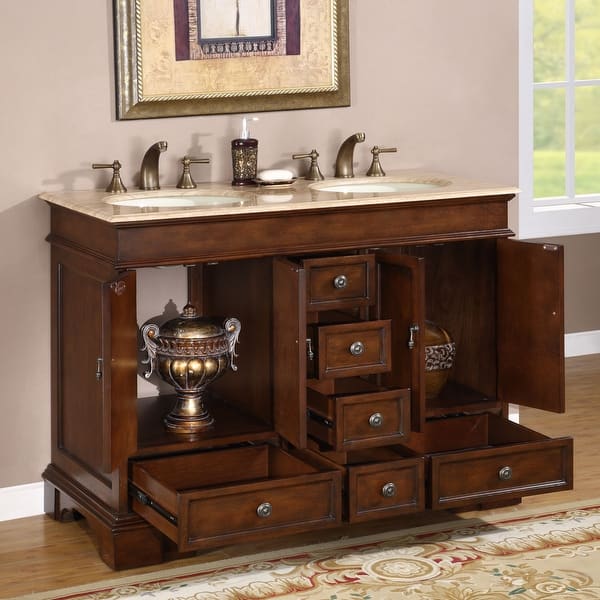 Silkroad Exclusive Mesa 48 Inch Double Sink Bathroom Vanity Overstock 4777463 Travertine Stone Top