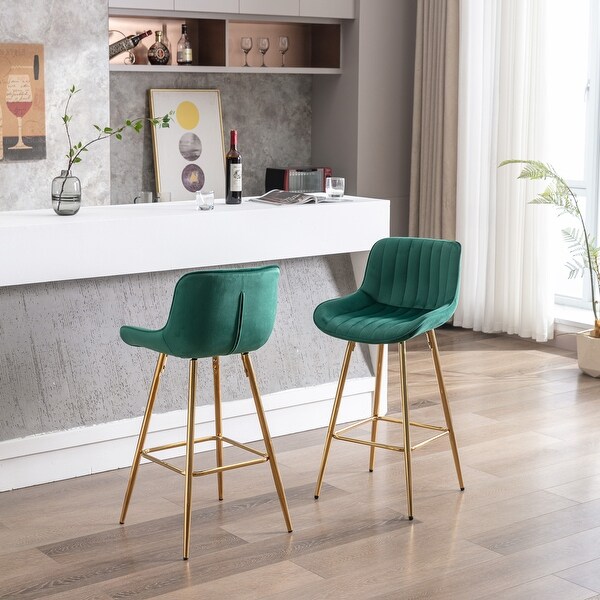 26 inch Set of 2 Bar Stools with Chrome Footrest Velvet Fabric Counter Stool Golden Leg Simple Bar Stool GREEN Green