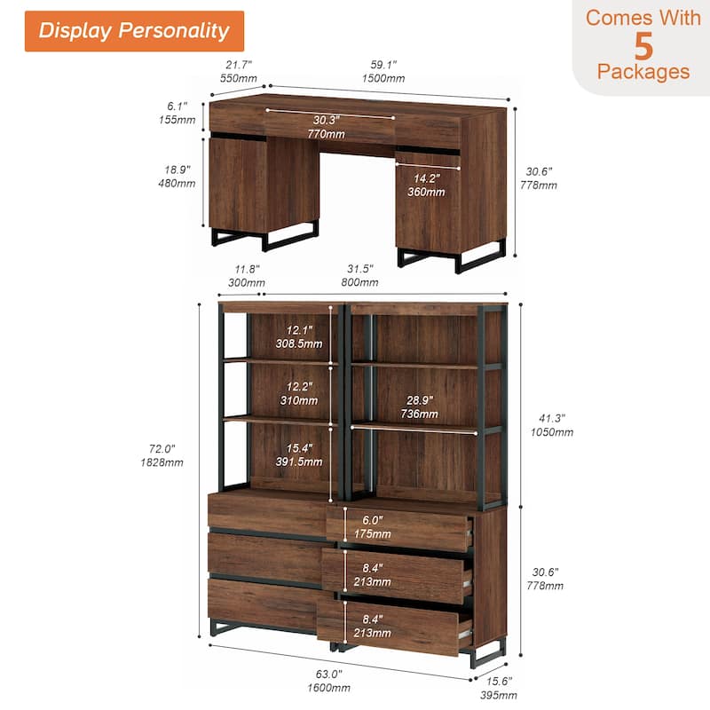 WAMPAT 59" Executive Desk with Charging Station & Storage Cabinet + 72" Tall Bookcase with 6 Drawers.