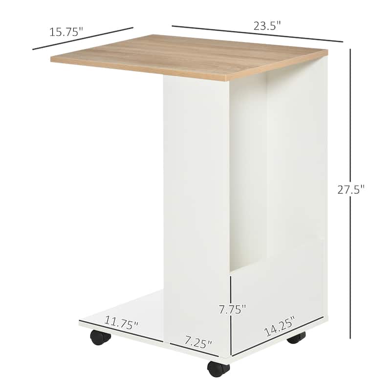 HOMCOM C-Shaped Sofa Side Table Mobile End Table with Storage and Wheels for Living Room, Bedroom, Office