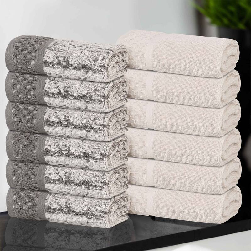 Superior Lodie Cotton Jacquard Solid and Two-Toned Washcloth Set of 12 - Ivory/Charcoal