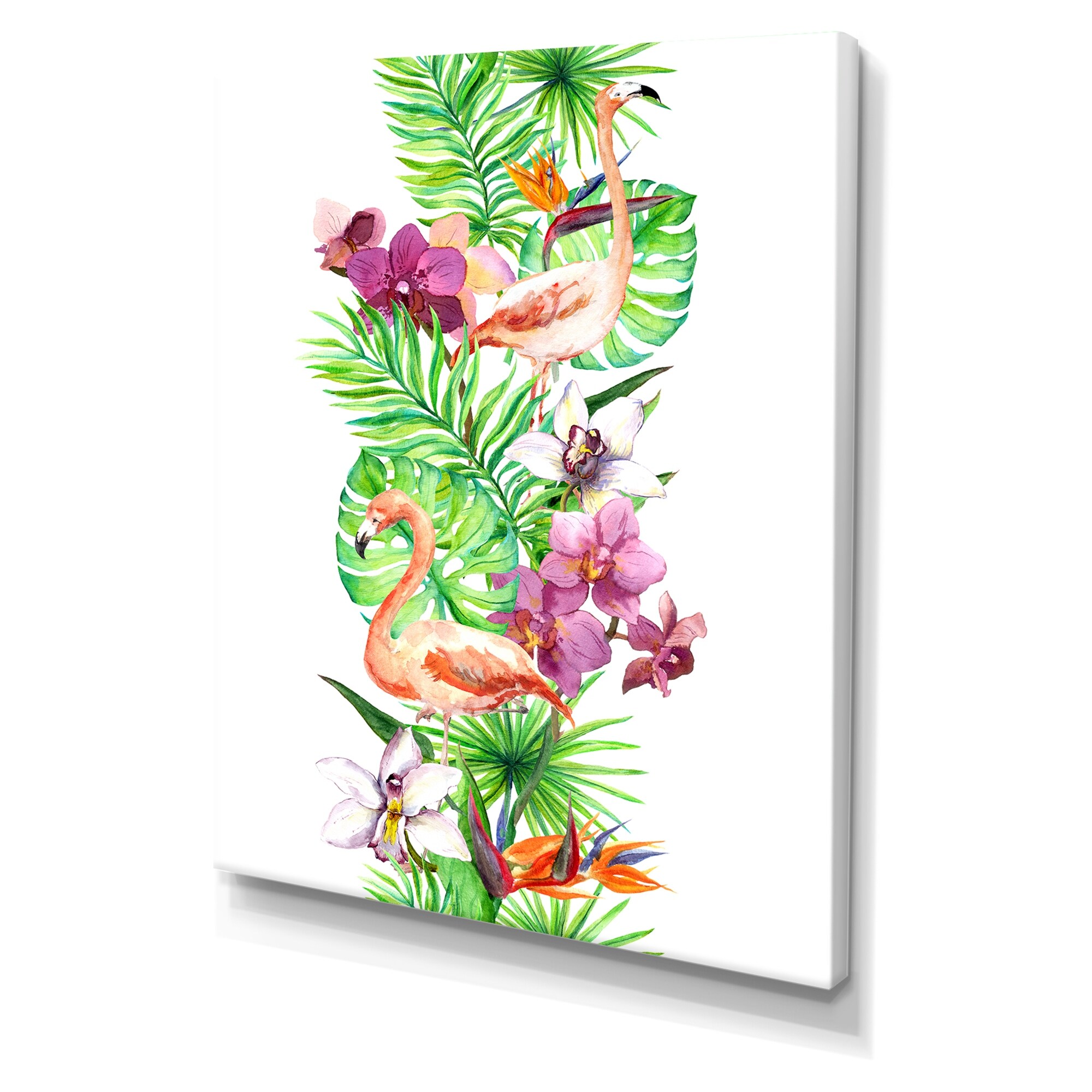 Shop Designart Tropical Leaves Flamingo Bird Orchid Flowers Seamless Border Watercolor Frame Tropical Canvas Wall Art Overstock 29924634