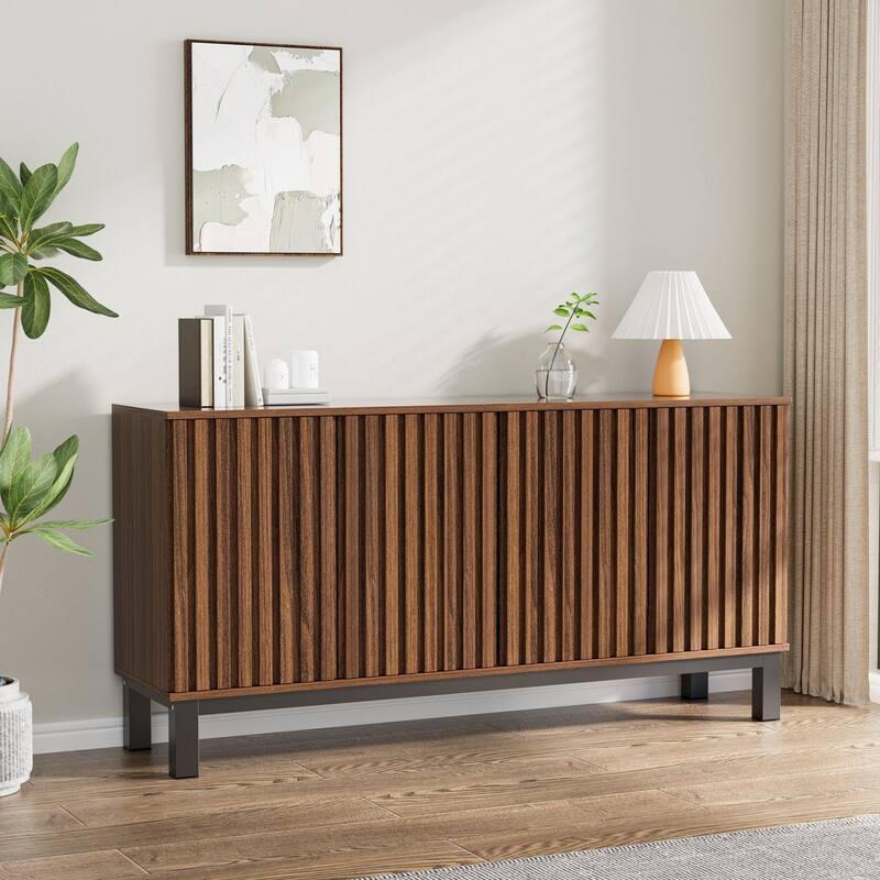 Fluted Sideboard Buffet Cabinet with 4 Doors, Modern Storage Credenza with Adjustable Shelves for Dining Room & Entryway - Brown