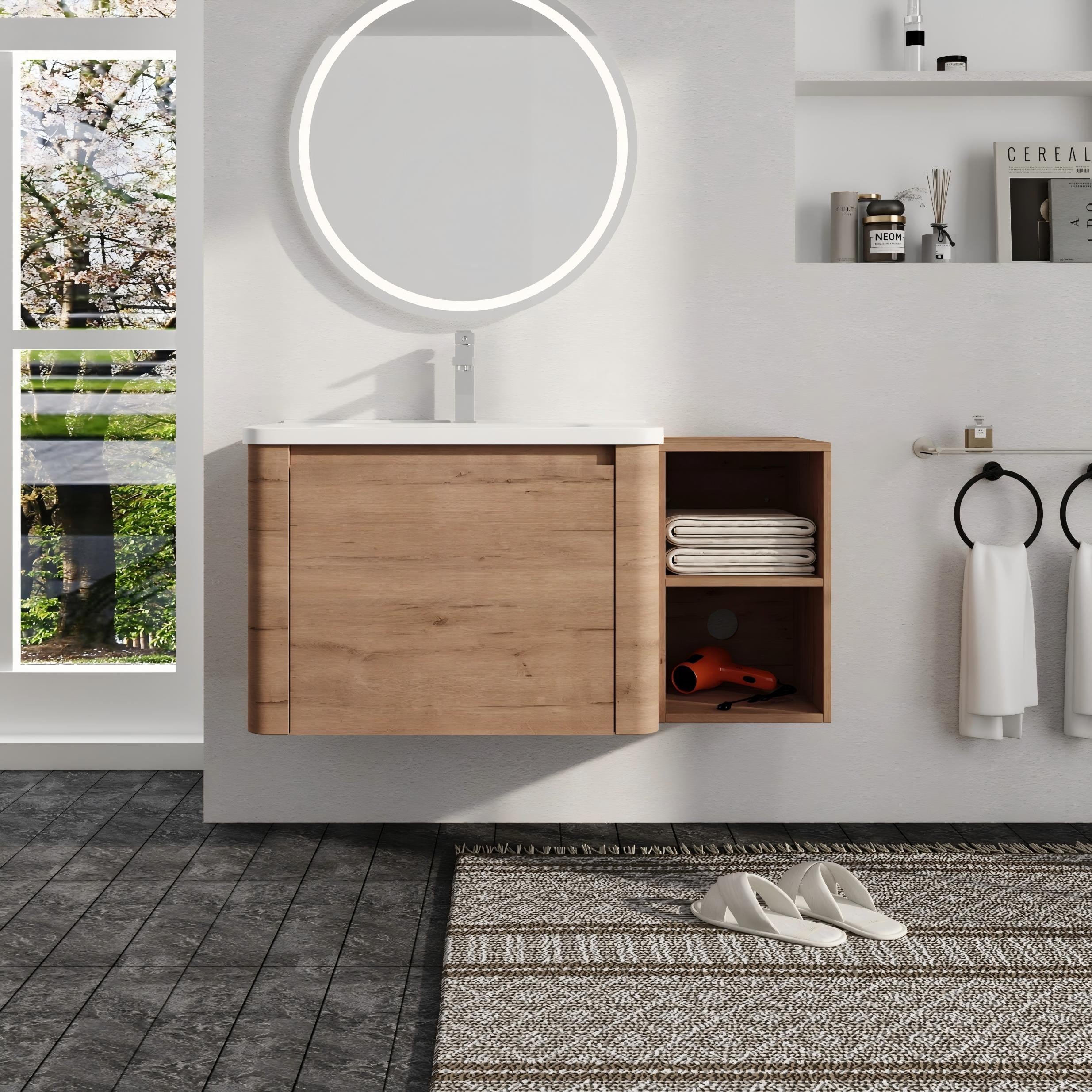Malwee 28"/40"/52"/68" Floating Bathroom Vanity, Wall Mounted Bathroom Vanity with Ceramic Sink,Soft Close Door and Shelf