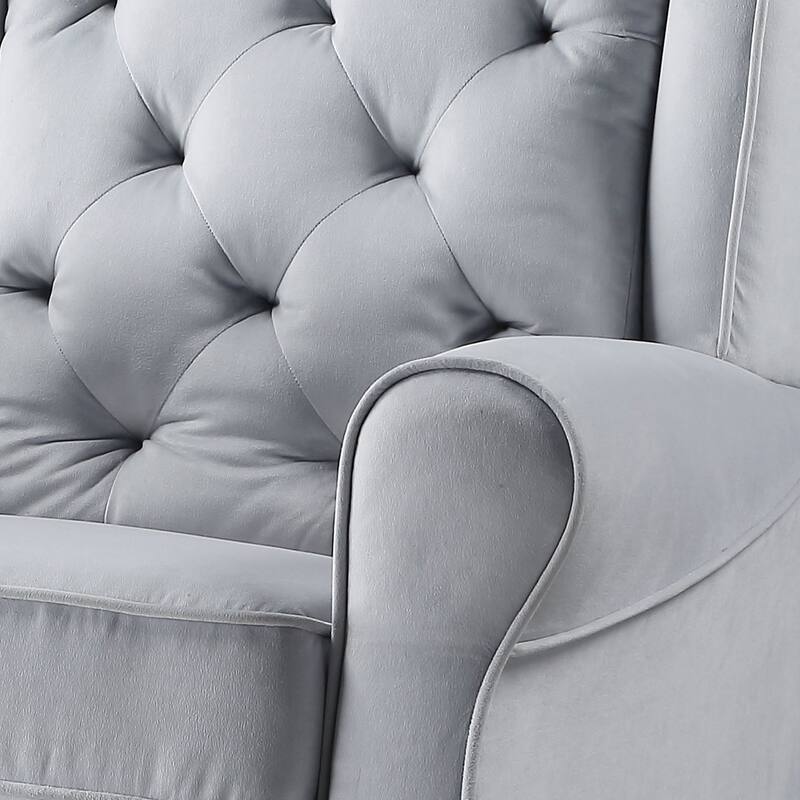 Grey Glider Swivel Chair: Transitional Design, Tufted Back, Stable Metal Base