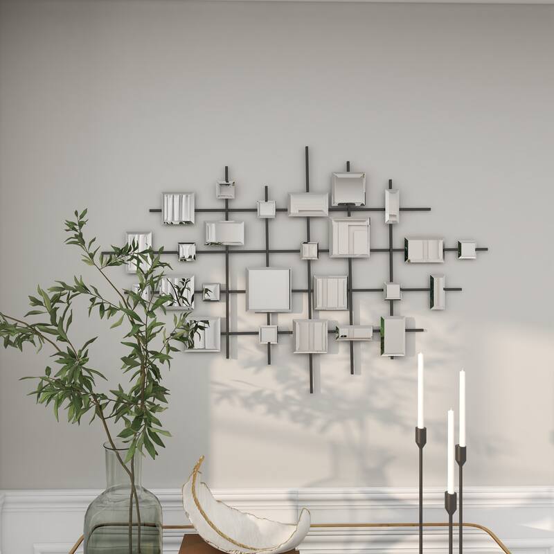 Black Metal Geometric Home Wall Decor with Square Mirrored Accents