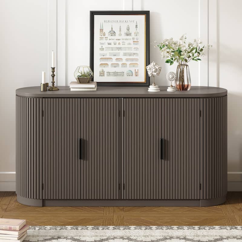 Round Edges Storage Cabinet Brown Coffee Bar Cabinet Buffet Cabinet, Side Cabinet Console Table for Living Room Entryway - Brown