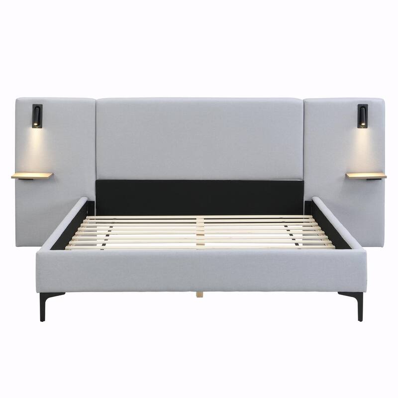 Chic Bouclé Upholstered Bed with Integrated Lighting and Shelves
