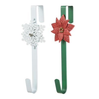 Glitzhome 14"H Set of 2 Christmas Metal Snowflake & Poinsettia Wreath Hanger