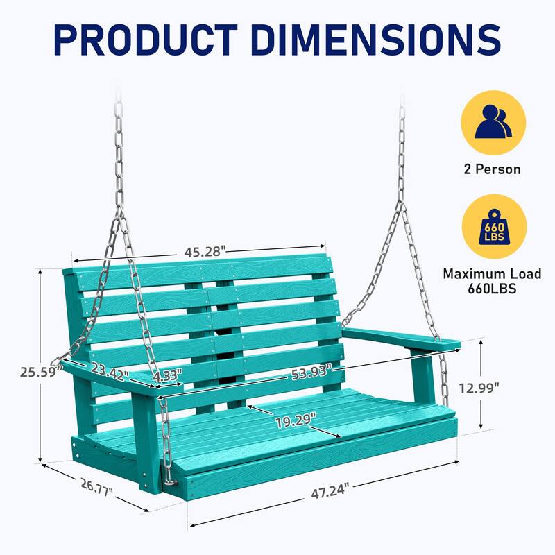 HDPE Plastic Outdoor Porch Swing 2-Person With Chains