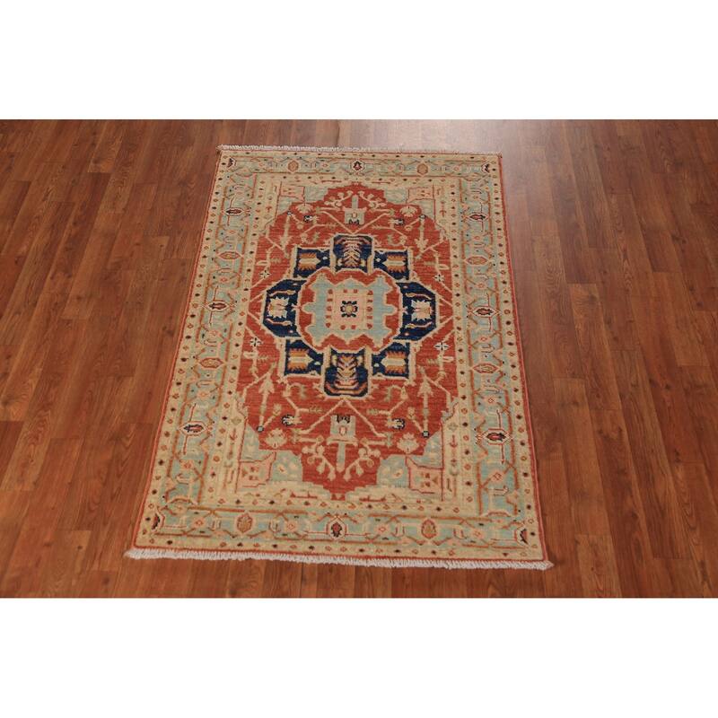 Orange Vegetable Dye Heriz Serapi Rug Hand-Knotted Wool Carpet - 3'1"x 4'10"