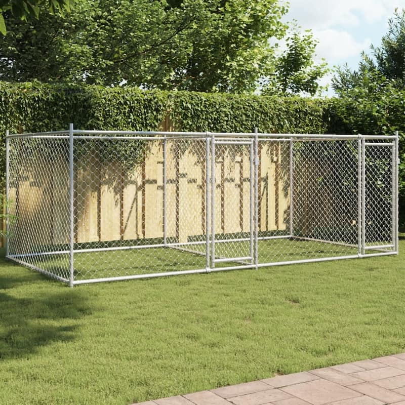 vidaXL Dog Cage Grey Galvanized Steel Durable Dog Cage - Grey - 2 doors - 13.1' x 6.6' x 4.9' ft